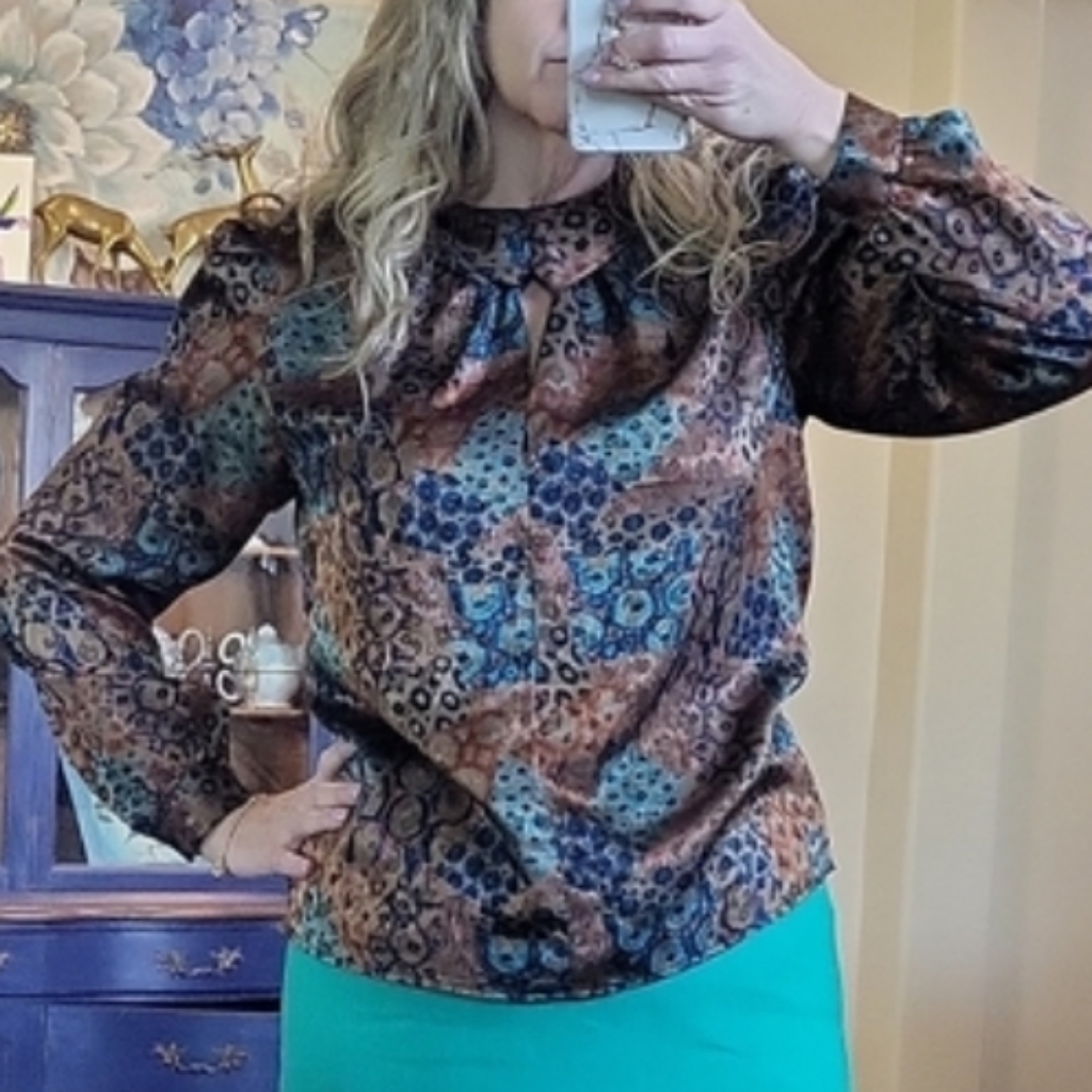 Vintage Eva Laurel Blouse Keyhole Brown Green Blue Long-Sleeve Size 12